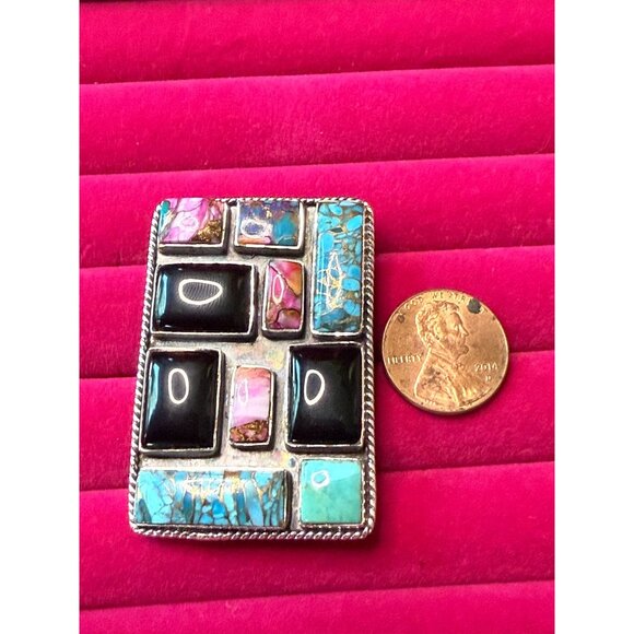 HUGE Sterling Silver Adjustable Ring Onyx Turquoise Spiny Oyster - Picture 8 of 8